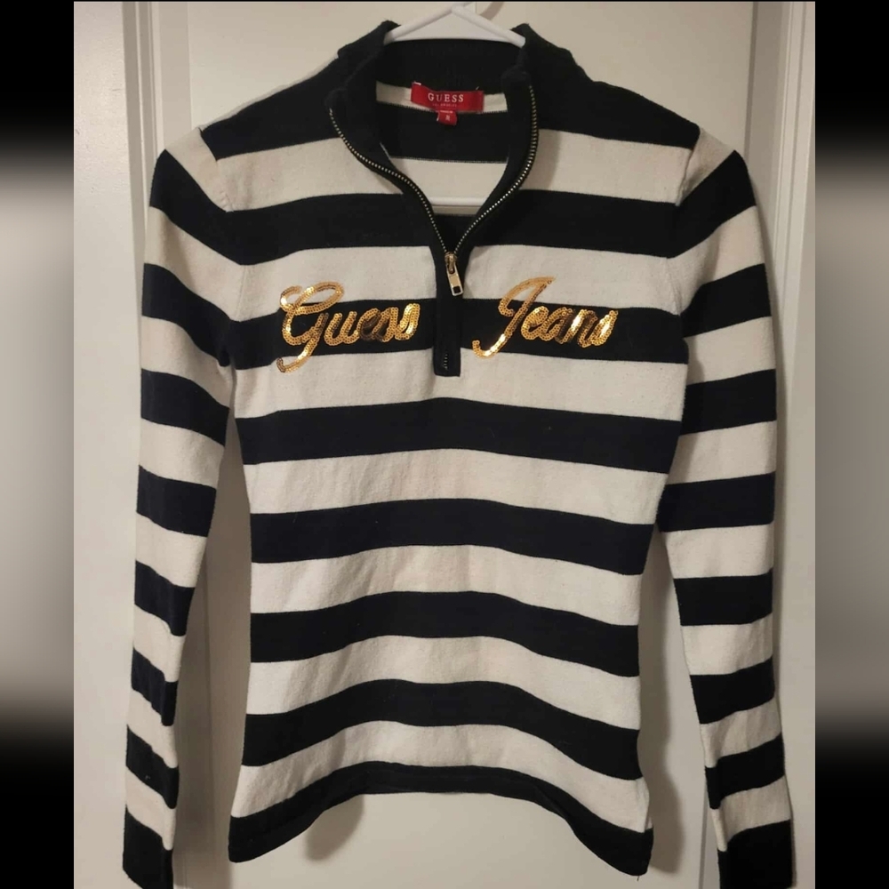 Guess Monochrome Striped Top with Gold Details